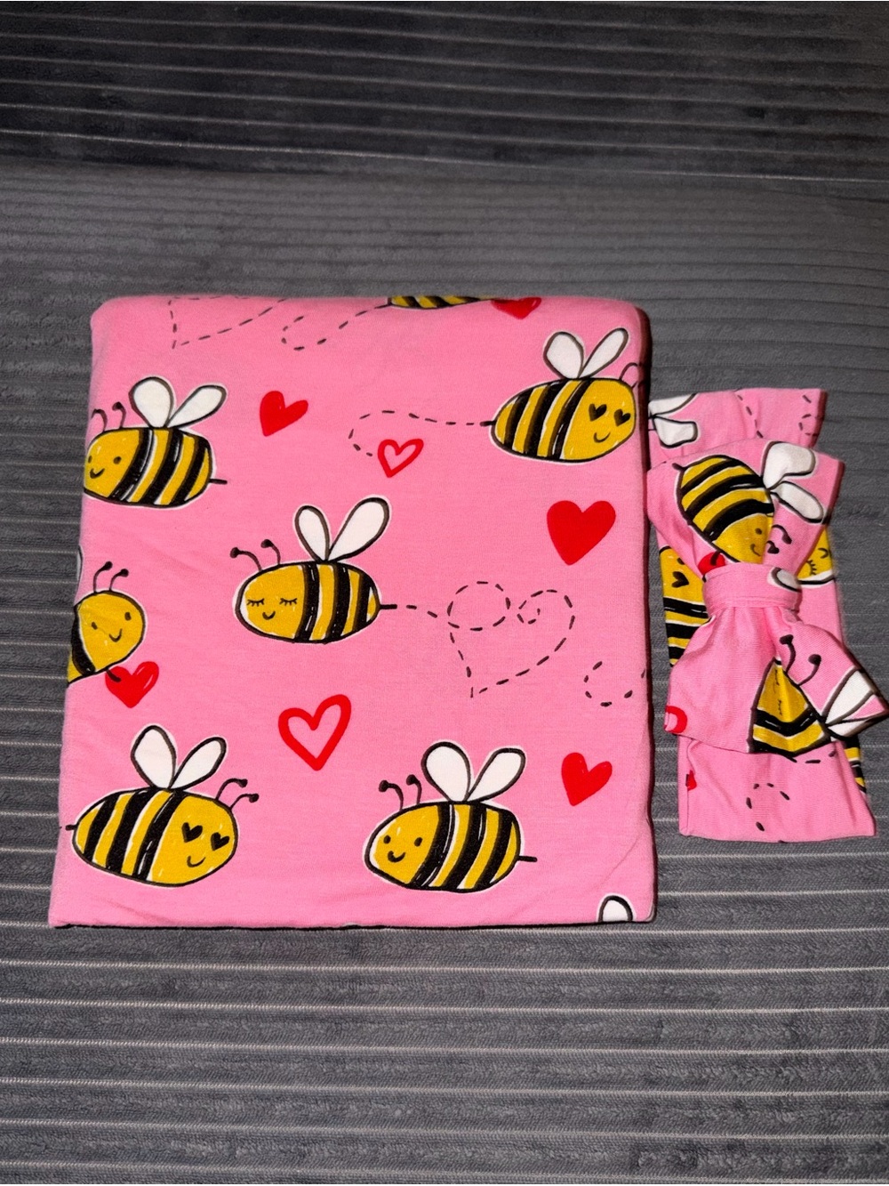 Little Sleepies Pink Bee Mine Swaddle Blanket & Luxe Bow Headband, bamboo